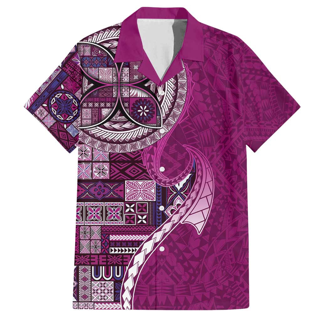 Samoan Siapo Art Tattoo Polynesian Pattern Family Matching Long Sleeve Bodycon Dress and Hawaiian Shirt Pink Color - Polynesian Pride