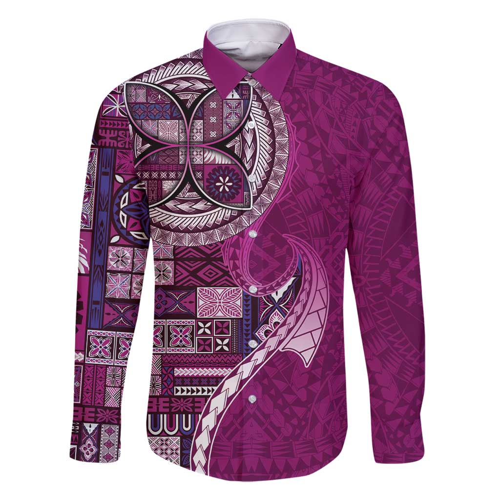 Samoan Siapo Art Tattoo Polynesian Pattern Family Matching Long Sleeve Bodycon Dress and Hawaiian Shirt Pink Color - Polynesian Pride