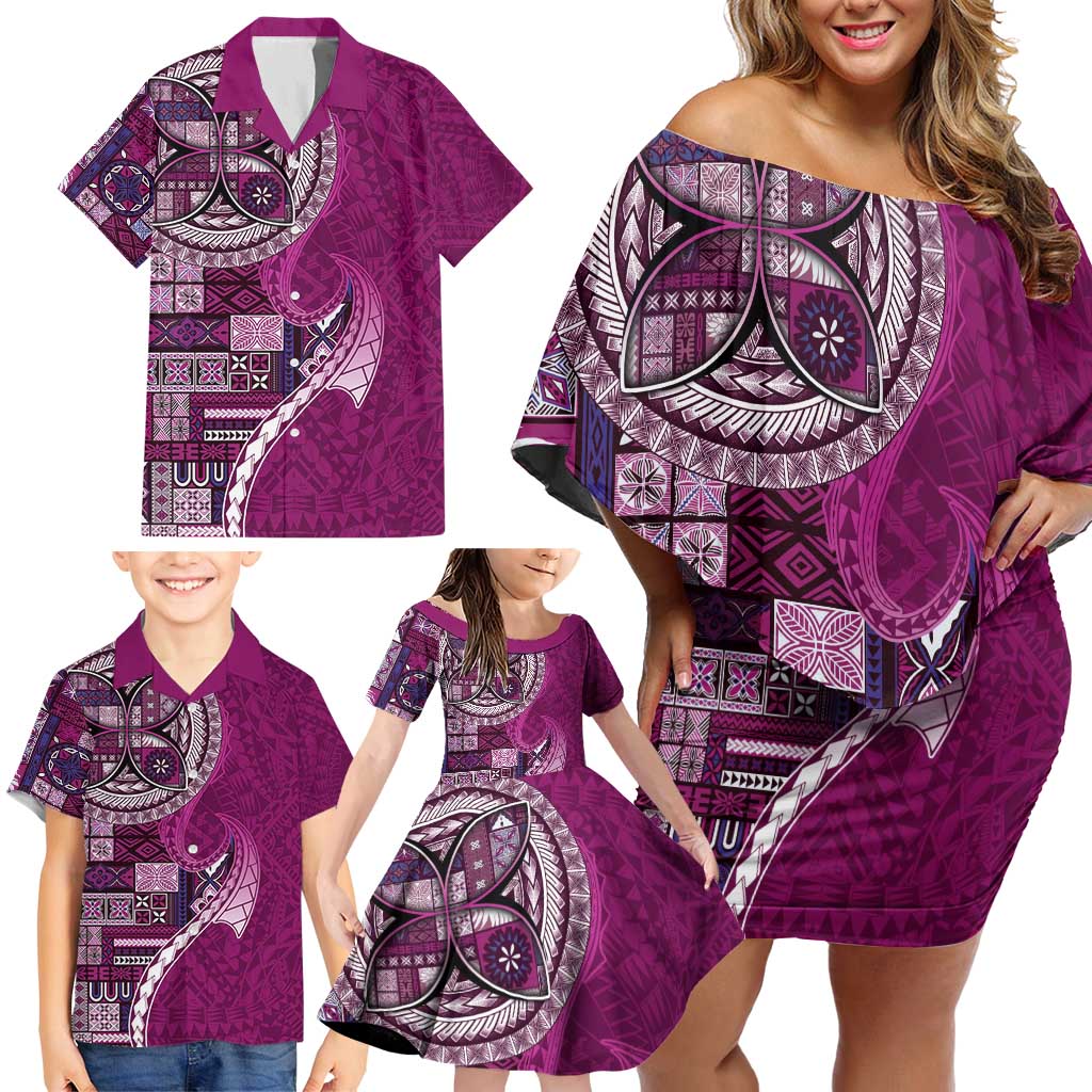 Samoan Siapo Art Tattoo Polynesian Pattern Family Matching Off Shoulder Short Dress and Hawaiian Shirt Pink Color - Polynesian Pride