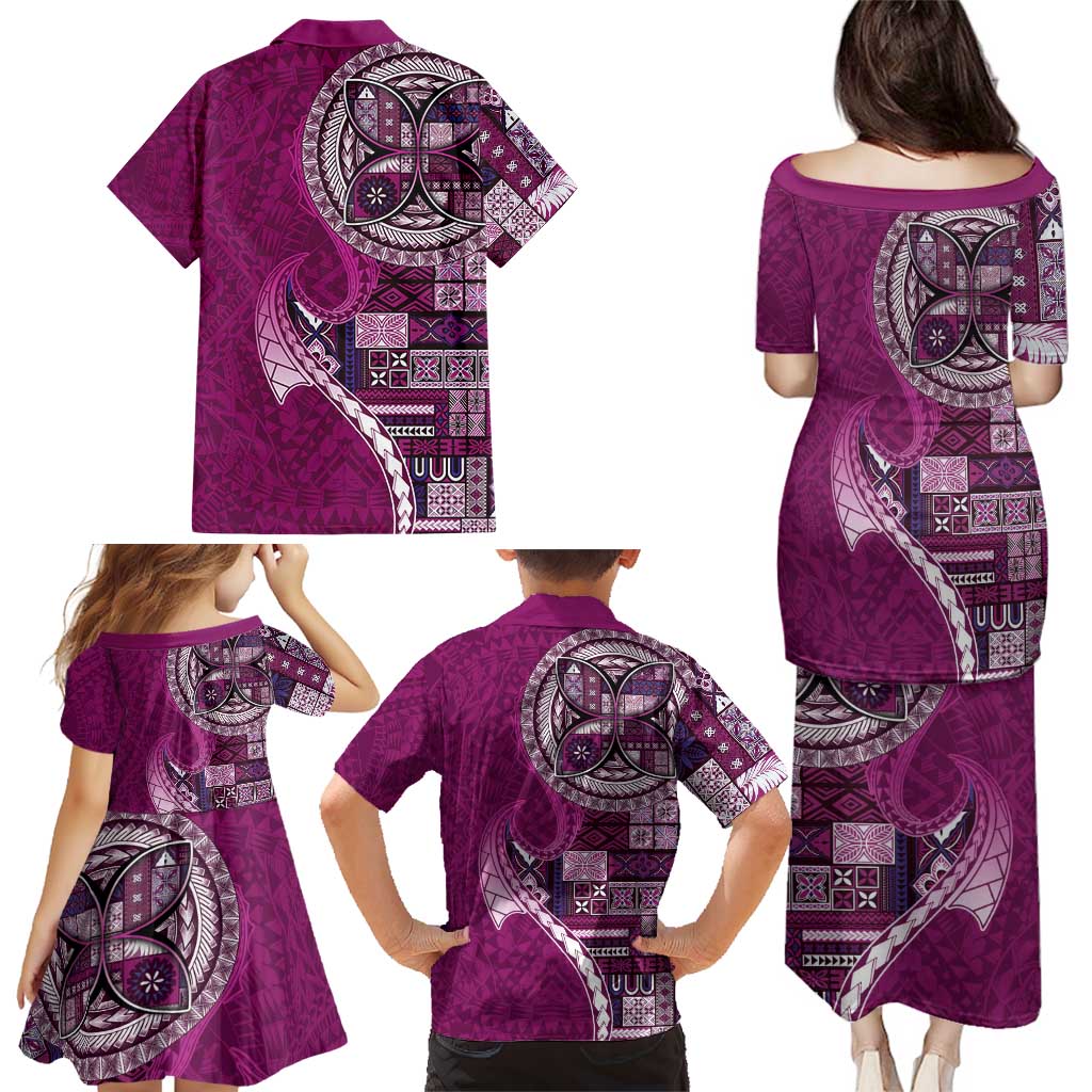 Samoan Siapo Art Tattoo Polynesian Pattern Family Matching Puletasi and Hawaiian Shirt Pink Color - Polynesian Pride