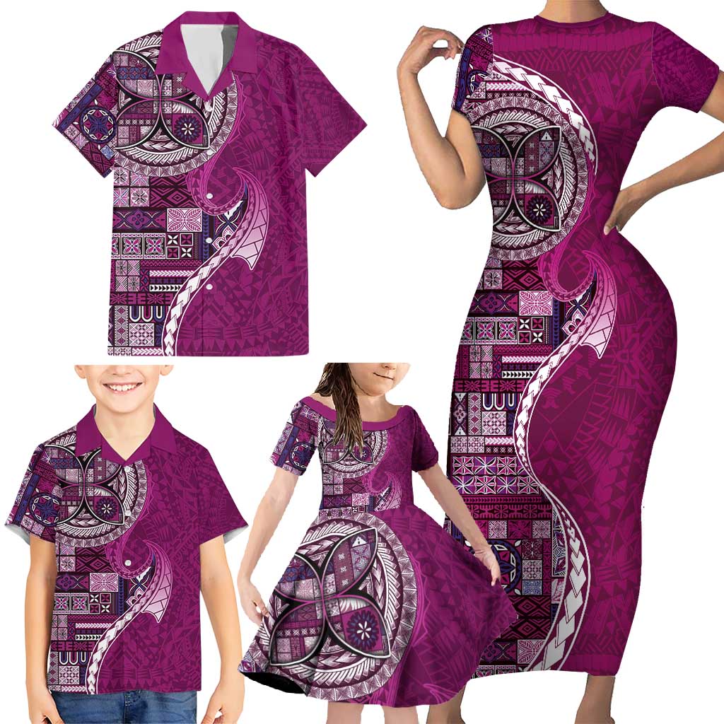 Samoan Siapo Art Tattoo Polynesian Pattern Family Matching Short Sleeve Bodycon Dress and Hawaiian Shirt Pink Color - Polynesian Pride