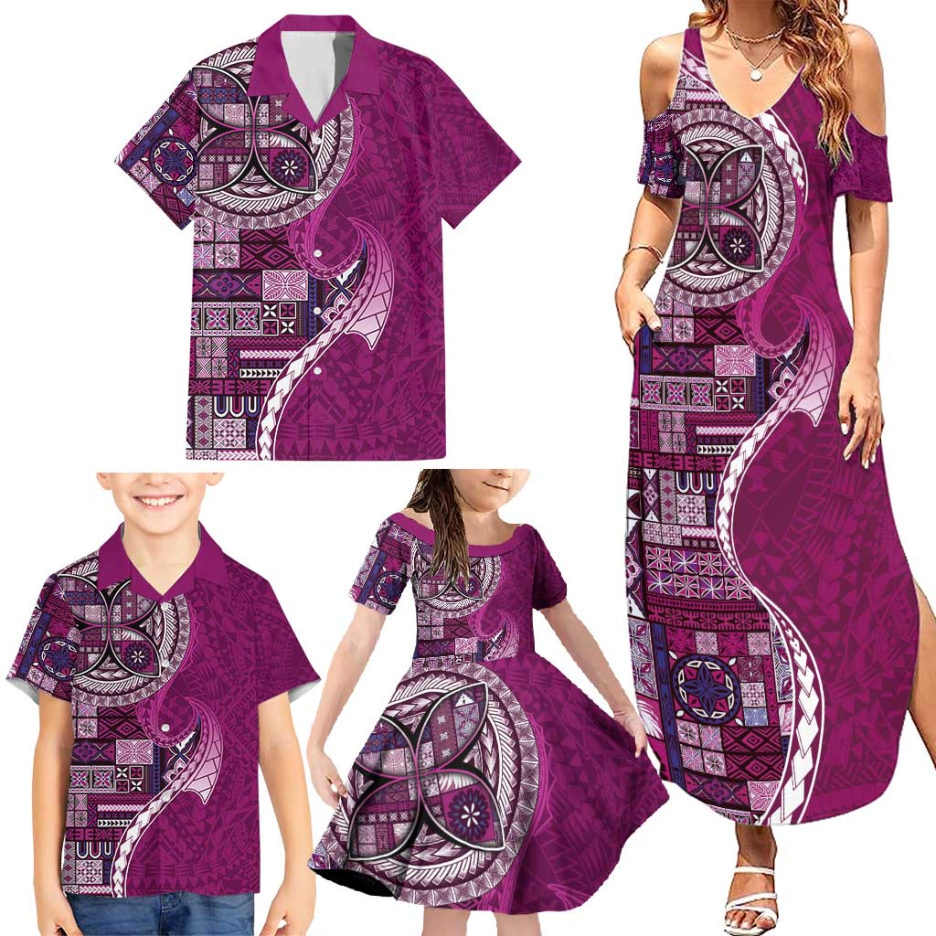 Samoan Siapo Art Tattoo Polynesian Pattern Family Matching Summer Maxi Dress and Hawaiian Shirt Pink Color - Polynesian Pride