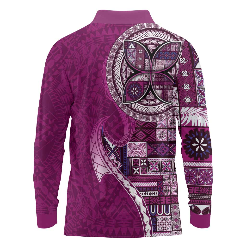 Samoan Siapo Art Tattoo Polynesian Pattern Long Sleeve Polo Shirt Pink Color - Polynesian Pride