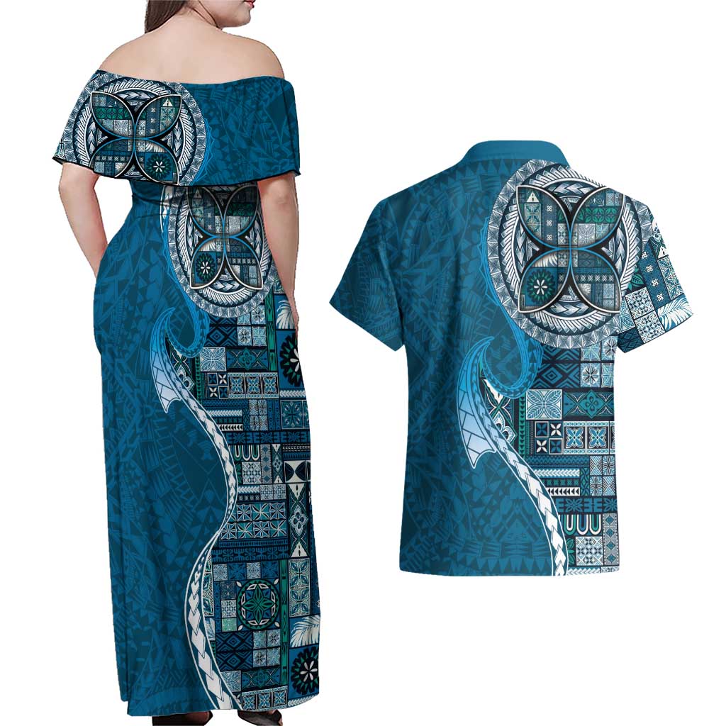 Samoan Siapo Art Tattoo Polynesian Pattern Couples Matching Off Shoulder Maxi Dress and Hawaiian Shirt Teal Color - Polynesian Pride