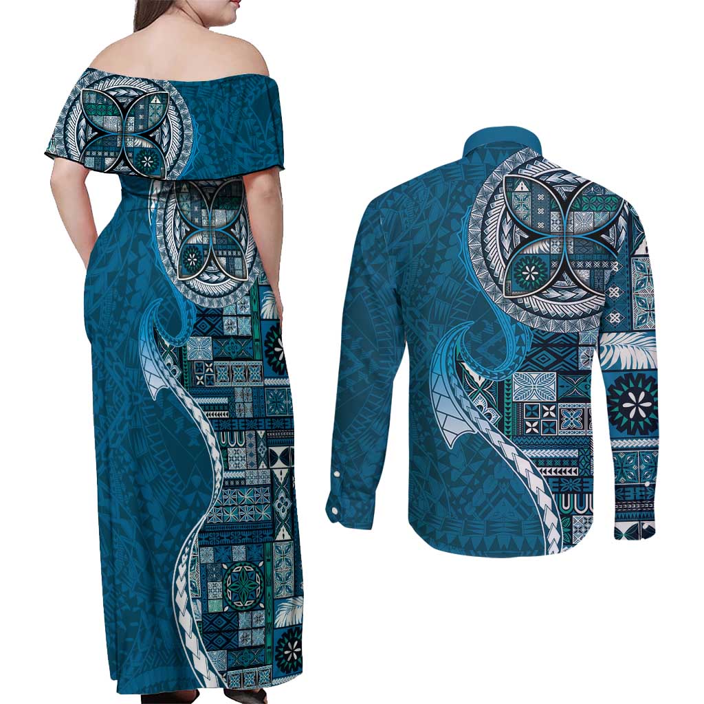 Samoan Siapo Art Tattoo Polynesian Pattern Couples Matching Off Shoulder Maxi Dress and Long Sleeve Button Shirt Teal Color - Polynesian Pride