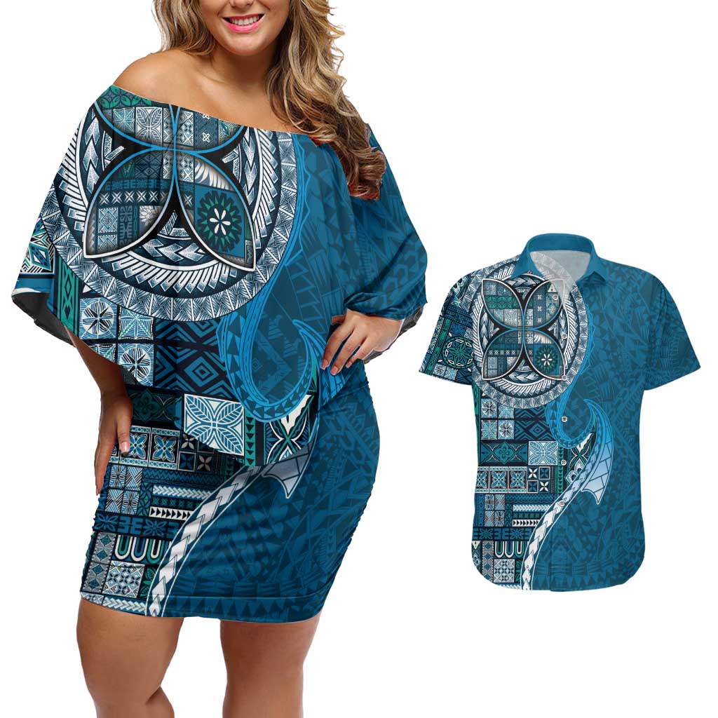 Samoan Siapo Art Tattoo Polynesian Pattern Couples Matching Off Shoulder Short Dress and Hawaiian Shirt Teal Color - Polynesian Pride