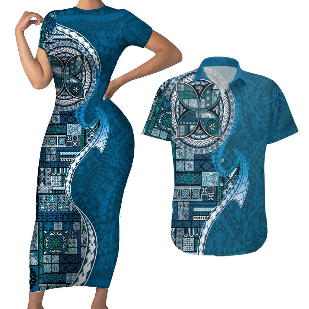 Samoan Siapo Art Tattoo Polynesian Pattern Couples Matching Short Sleeve Bodycon Dress and Hawaiian Shirt Teal Color - Polynesian Pride