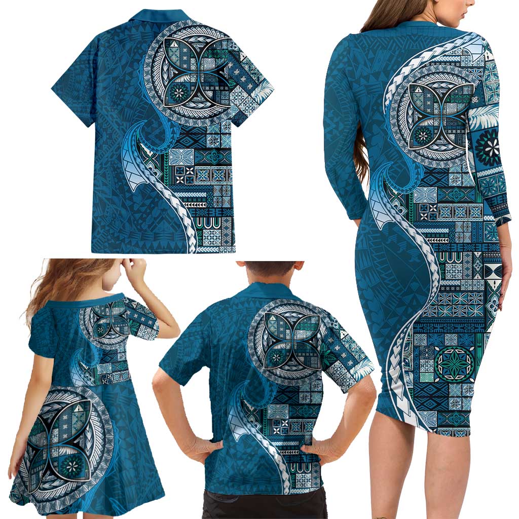 Samoan Siapo Art Tattoo Polynesian Pattern Family Matching Long Sleeve Bodycon Dress and Hawaiian Shirt Teal Color - Polynesian Pride