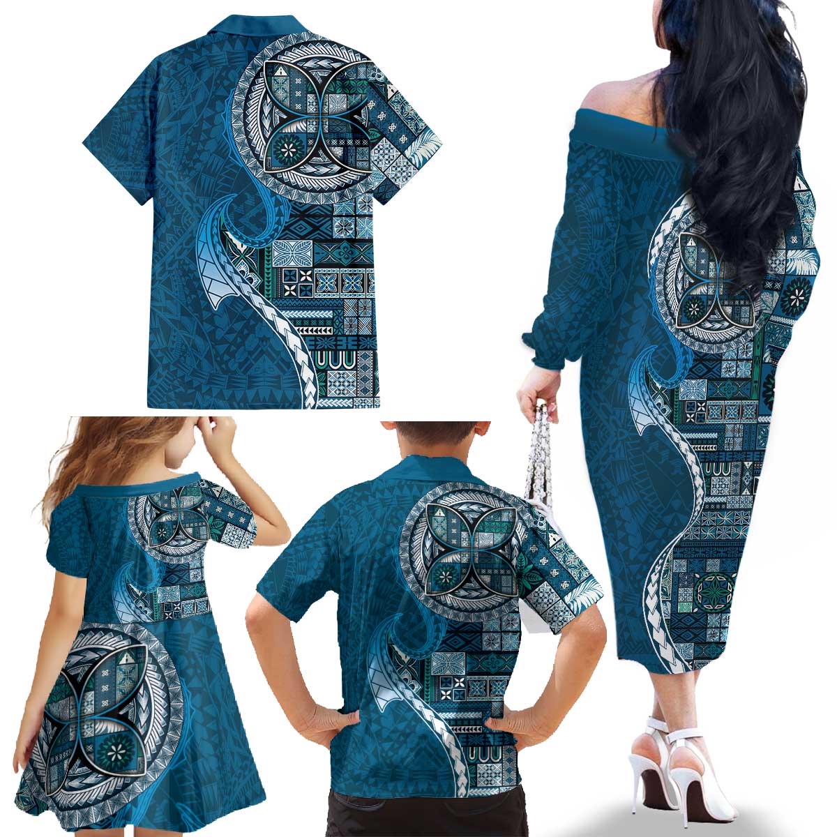 Samoan Siapo Art Tattoo Polynesian Pattern Family Matching Off The Shoulder Long Sleeve Dress and Hawaiian Shirt Teal Color - Polynesian Pride