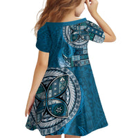 Samoan Siapo Art Tattoo Polynesian Pattern Family Matching Off Shoulder Short Dress and Hawaiian Shirt Teal Color - Polynesian Pride