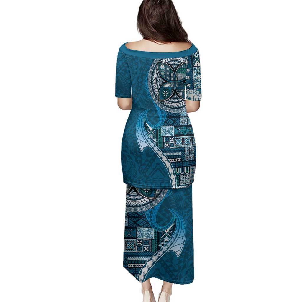 Samoan Siapo Art Tattoo Polynesian Pattern Family Matching Puletasi and Hawaiian Shirt Teal Color - Polynesian Pride