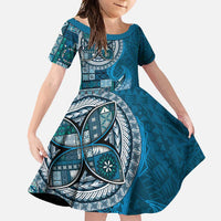 Samoan Siapo Art Tattoo Polynesian Pattern Family Matching Short Sleeve Bodycon Dress and Hawaiian Shirt Teal Color - Polynesian Pride