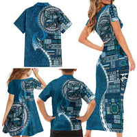 Samoan Siapo Art Tattoo Polynesian Pattern Family Matching Short Sleeve Bodycon Dress and Hawaiian Shirt Teal Color - Polynesian Pride