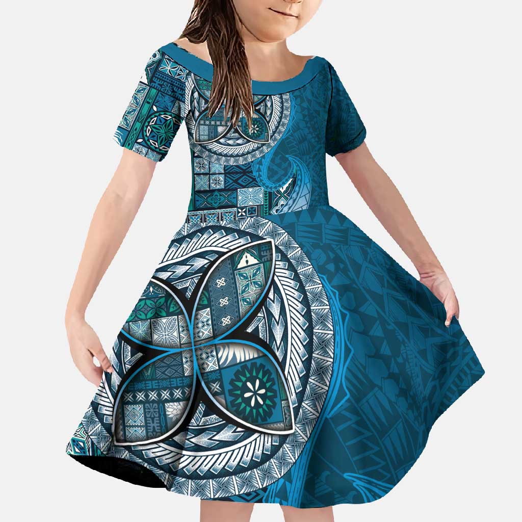 Samoan Siapo Art Tattoo Polynesian Pattern Family Matching Summer Maxi Dress and Hawaiian Shirt Teal Color - Polynesian Pride