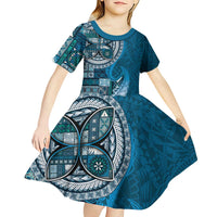 Samoan Siapo Art Tattoo Polynesian Pattern Kid Short Sleeve Dress Teal Color - Polynesian Pride