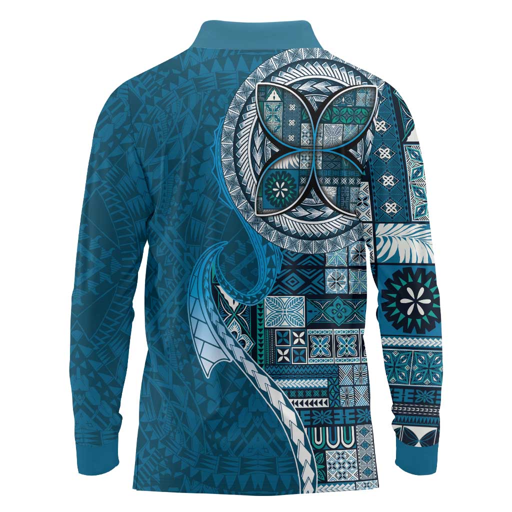 Samoan Siapo Art Tattoo Polynesian Pattern Long Sleeve Polo Shirt Teal Color - Polynesian Pride