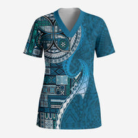 Samoan Siapo Art Tattoo Polynesian Pattern Scrub Top Teal Color - Polynesian Pride