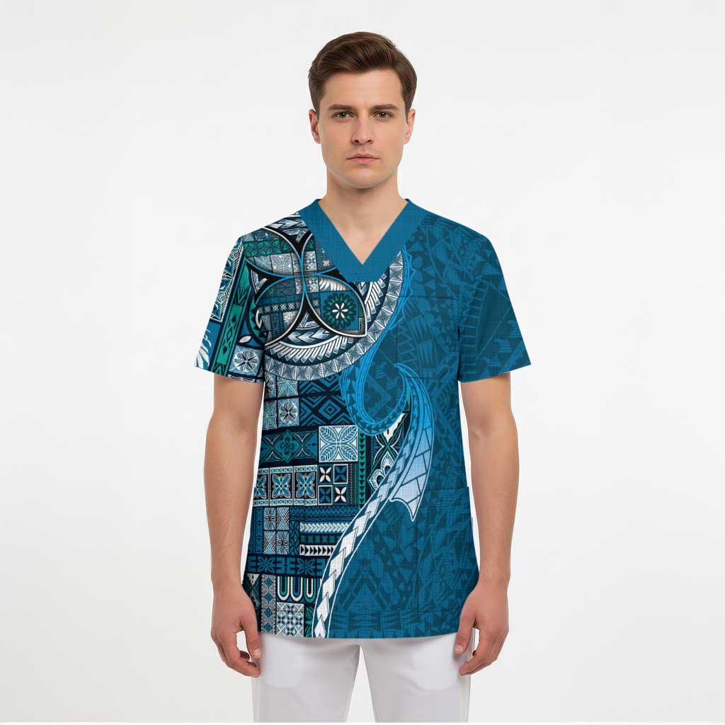 Samoan Siapo Art Tattoo Polynesian Pattern Scrub Top Teal Color - Polynesian Pride