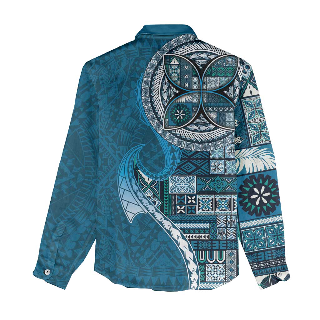 Samoan Siapo Art Tattoo Polynesian Pattern Women Casual Shirt Teal Color - Polynesian Pride