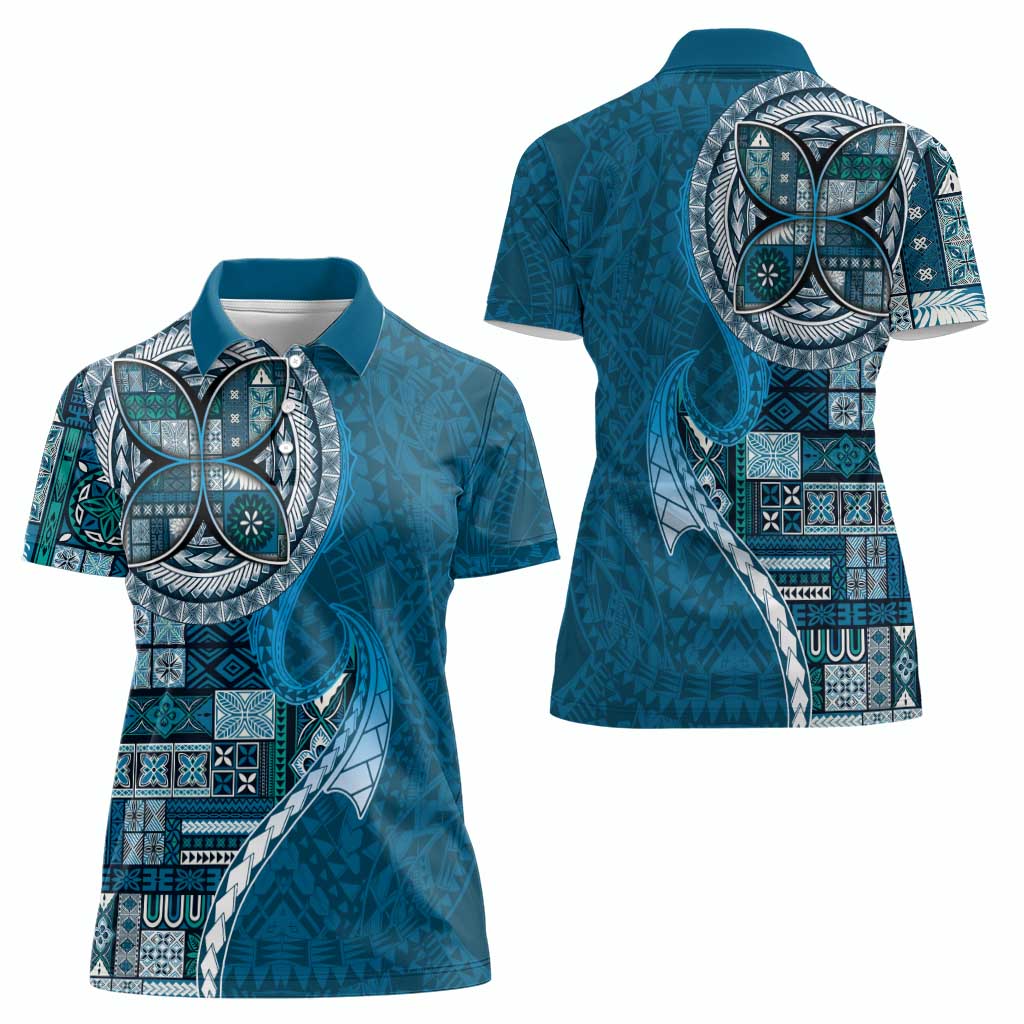 Samoan Siapo Art Tattoo Polynesian Pattern Women Polo Shirt Teal Color - Polynesian Pride