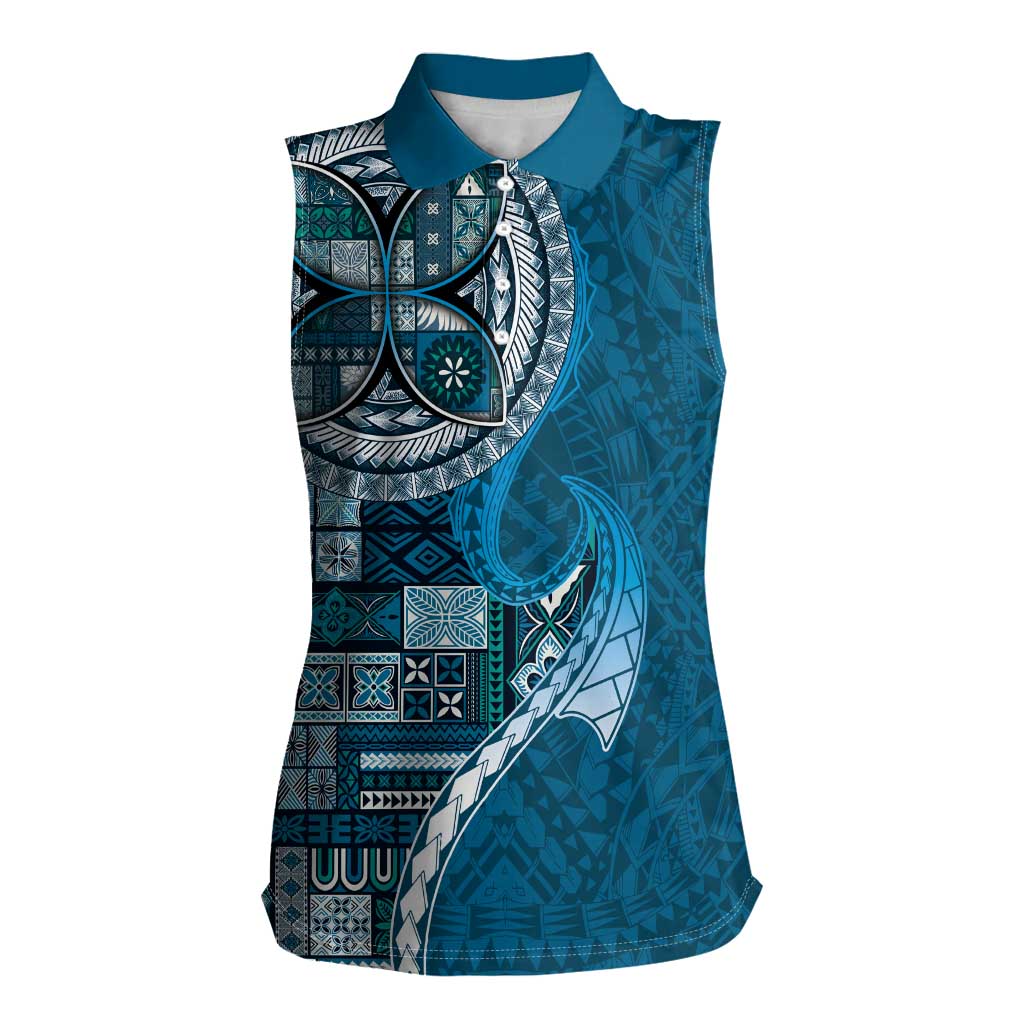 Samoan Siapo Art Tattoo Polynesian Pattern Women Sleeveless Polo Shirt Teal Color - Polynesian Pride