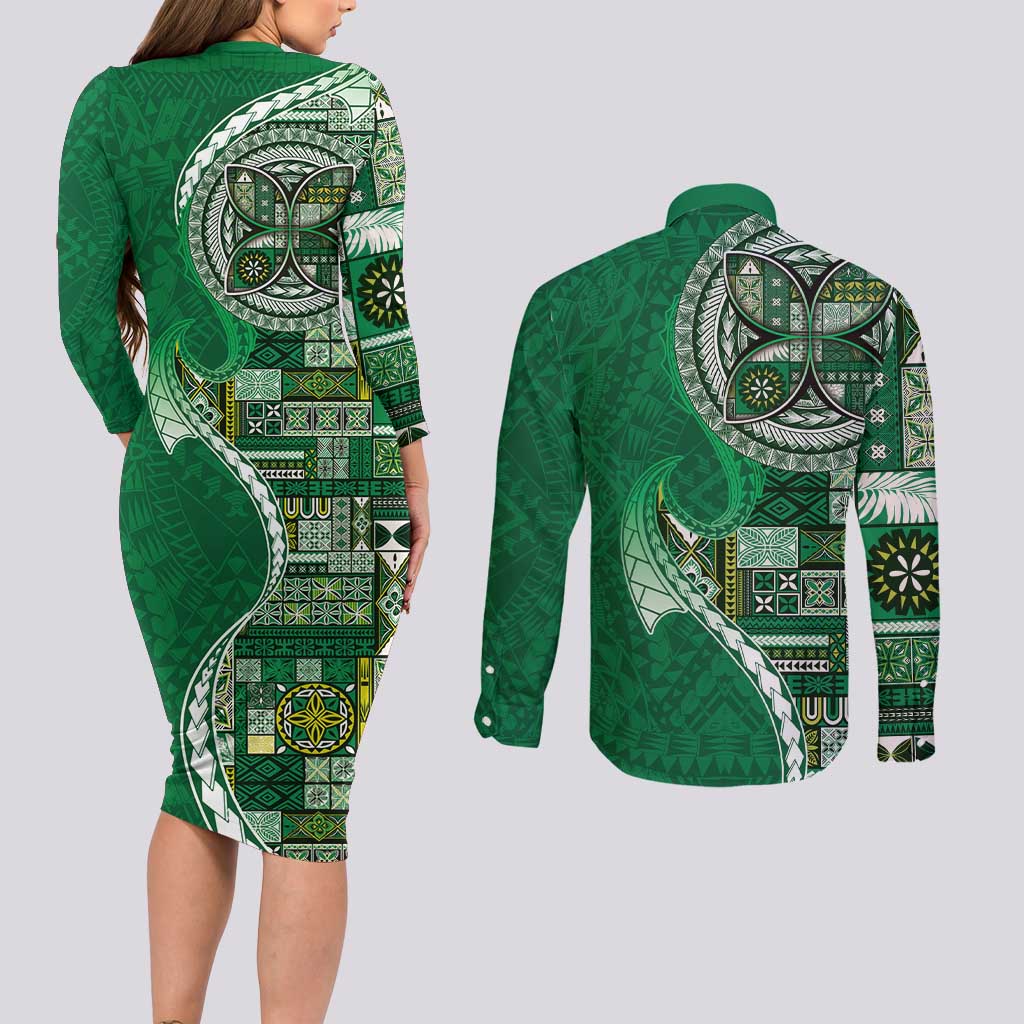 Samoan Siapo Art Tattoo Polynesian Pattern Couples Matching Long Sleeve Bodycon Dress and Long Sleeve Button Shirt Green Color - Polynesian Pride