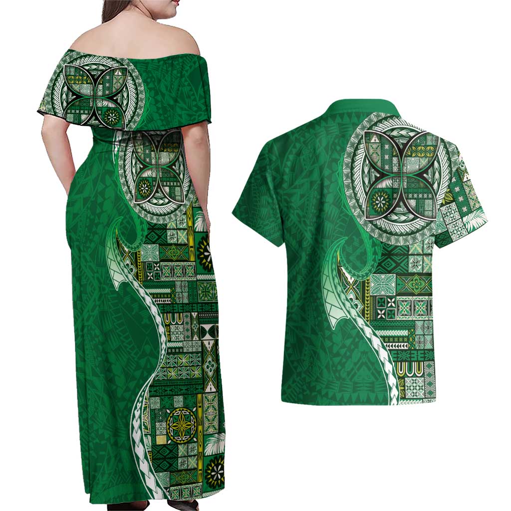Samoan Siapo Art Tattoo Polynesian Pattern Couples Matching Off Shoulder Maxi Dress and Hawaiian Shirt Green Color - Polynesian Pride