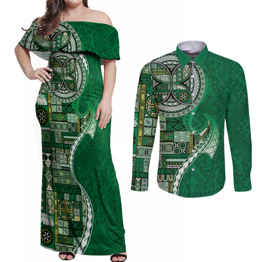 Samoan Siapo Art Tattoo Polynesian Pattern Couples Matching Off Shoulder Maxi Dress and Long Sleeve Button Shirt Green Color - Polynesian Pride