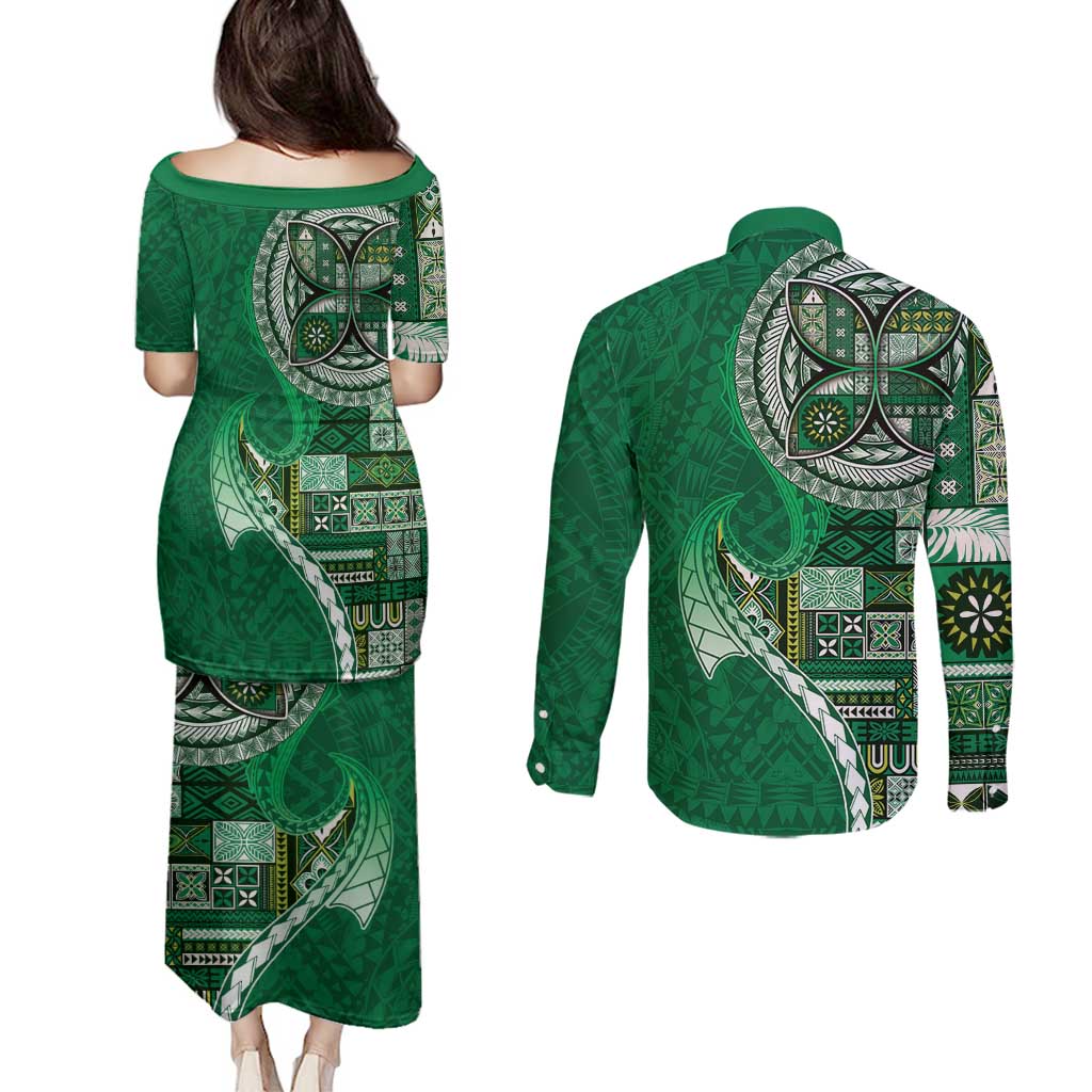 Samoan Siapo Art Tattoo Polynesian Pattern Couples Matching Puletasi and Long Sleeve Button Shirt Green Color - Polynesian Pride