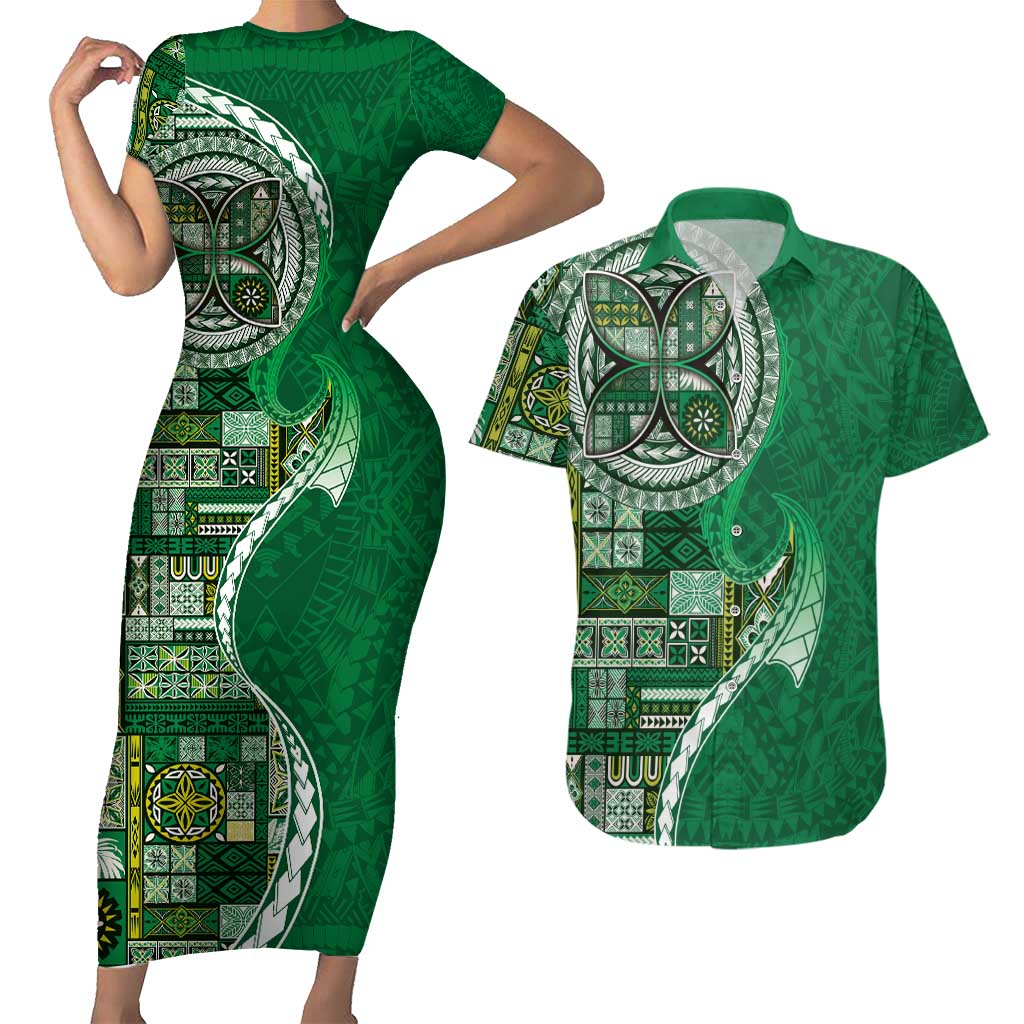 Samoan Siapo Art Tattoo Polynesian Pattern Couples Matching Short Sleeve Bodycon Dress and Hawaiian Shirt Green Color - Polynesian Pride