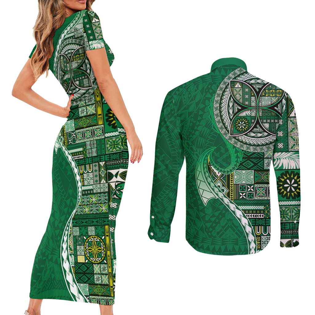 Samoan Siapo Art Tattoo Polynesian Pattern Couples Matching Short Sleeve Bodycon Dress and Long Sleeve Button Shirt Green Color - Polynesian Pride