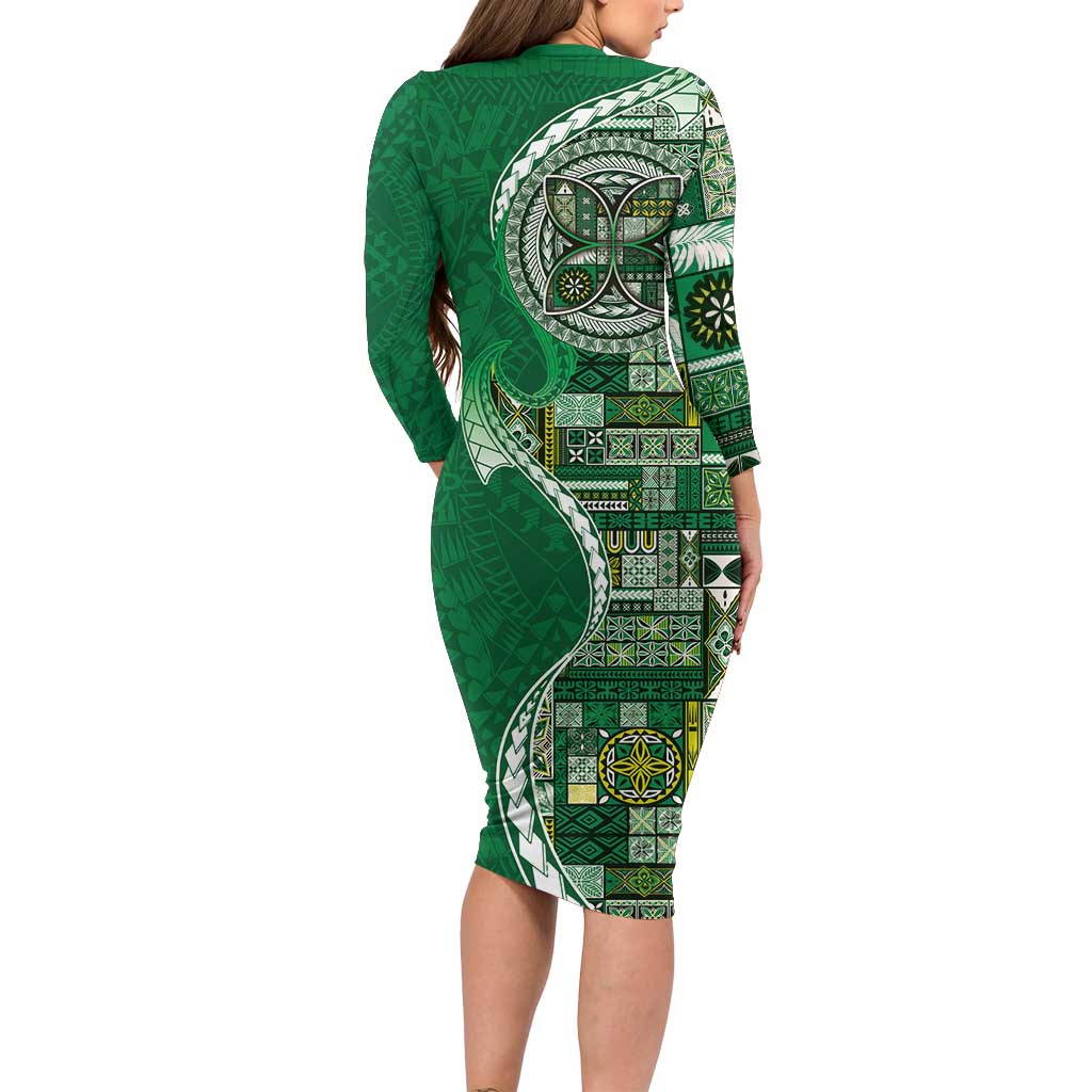 Samoan Siapo Art Tattoo Polynesian Pattern Family Matching Long Sleeve Bodycon Dress and Hawaiian Shirt Green Color - Polynesian Pride