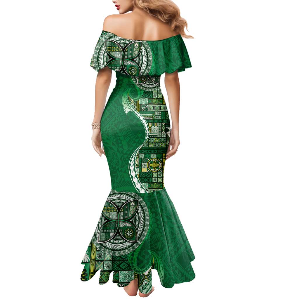 Samoan Siapo Art Tattoo Polynesian Pattern Family Matching Mermaid Dress and Hawaiian Shirt Green Color - Polynesian Pride