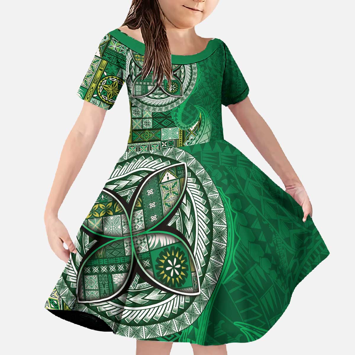 Samoan Siapo Art Tattoo Polynesian Pattern Family Matching Off The Shoulder Long Sleeve Dress and Hawaiian Shirt Green Color - Polynesian Pride