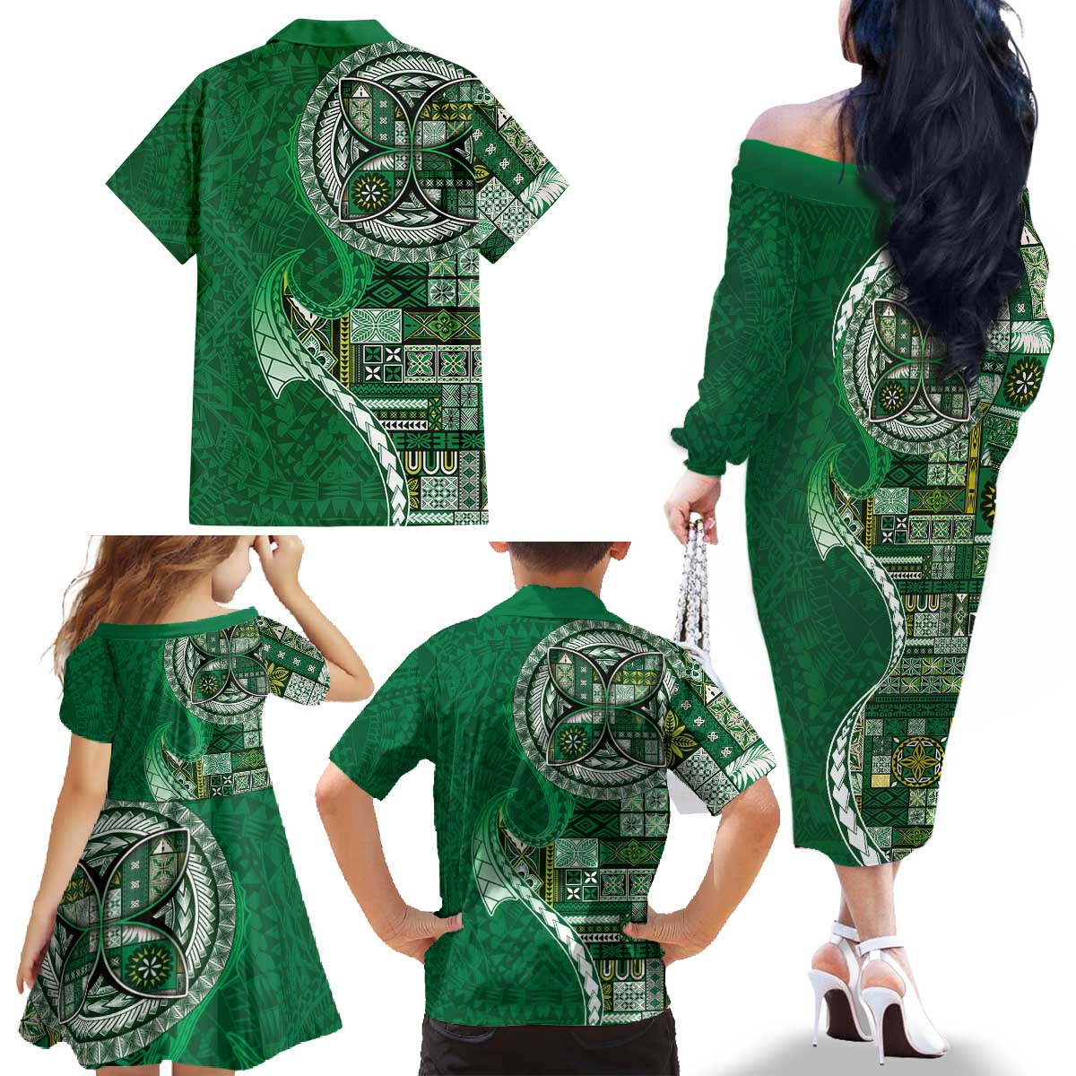 Samoan Siapo Art Tattoo Polynesian Pattern Family Matching Off The Shoulder Long Sleeve Dress and Hawaiian Shirt Green Color - Polynesian Pride