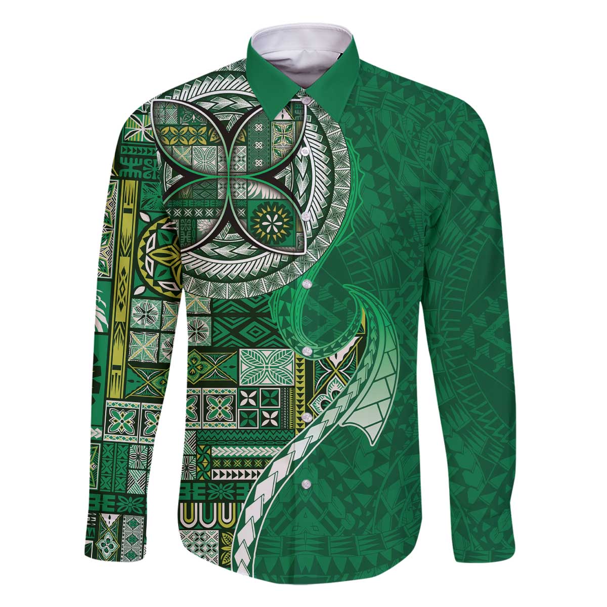 Samoan Siapo Art Tattoo Polynesian Pattern Family Matching Off The Shoulder Long Sleeve Dress and Hawaiian Shirt Green Color - Polynesian Pride