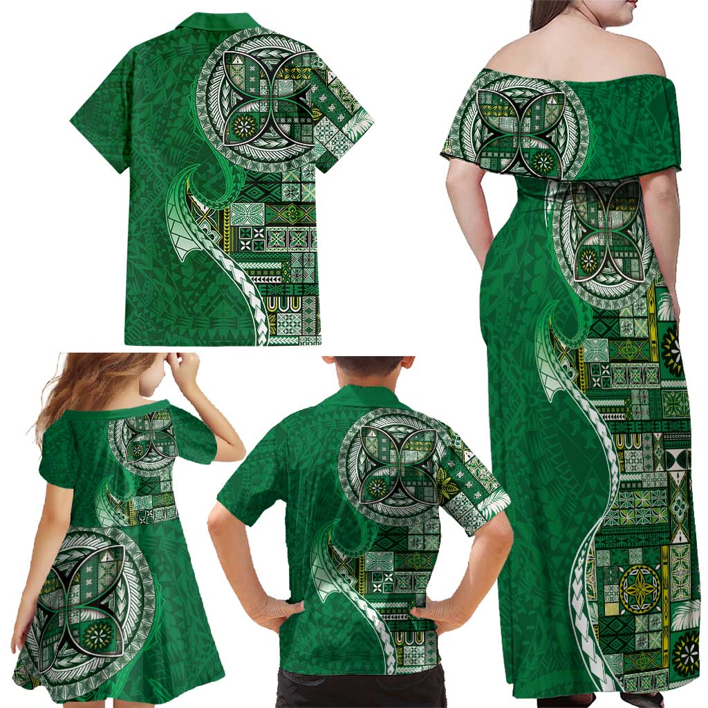 Samoan Siapo Art Tattoo Polynesian Pattern Family Matching Off Shoulder Maxi Dress and Hawaiian Shirt Green Color - Polynesian Pride