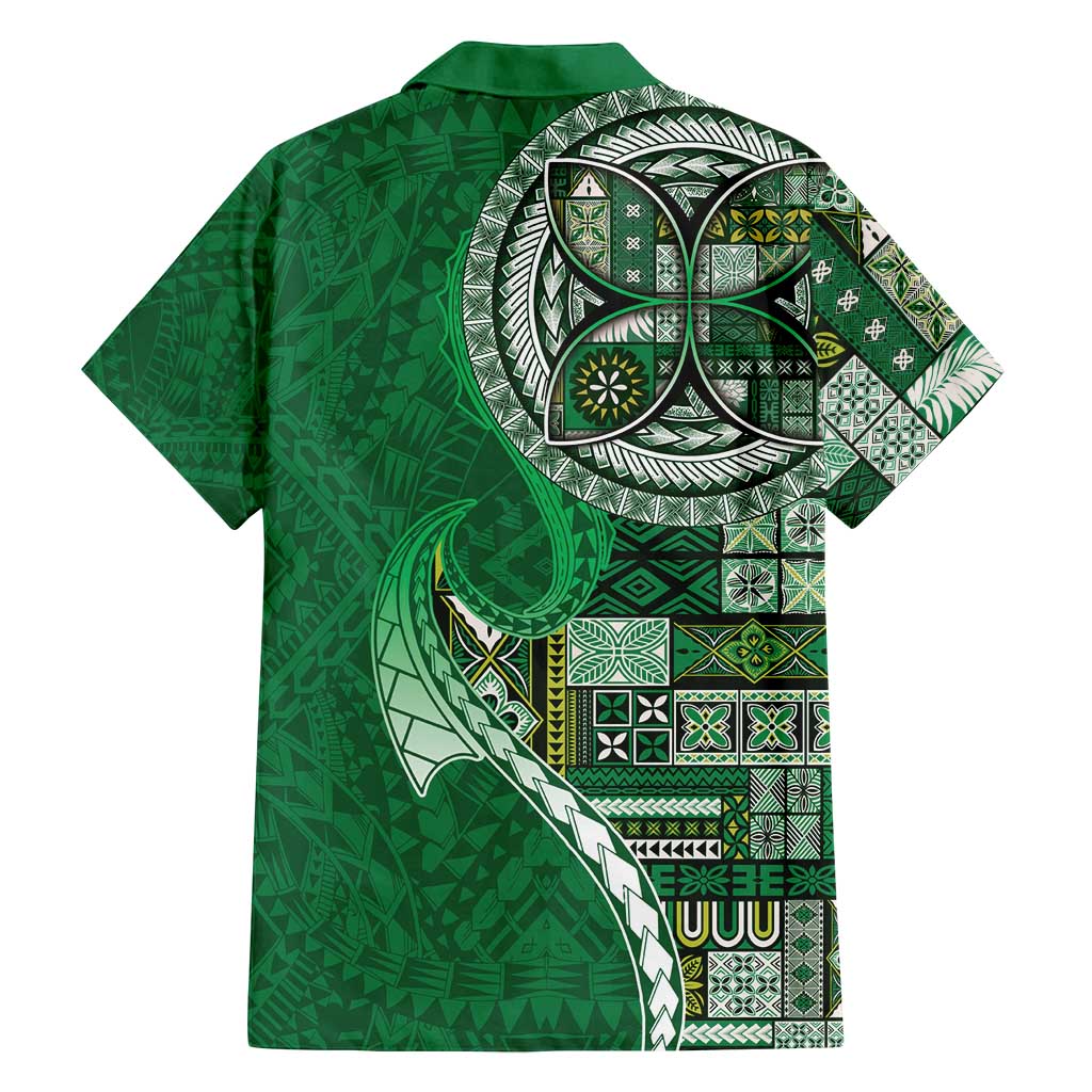 Samoan Siapo Art Tattoo Polynesian Pattern Family Matching Off Shoulder Maxi Dress and Hawaiian Shirt Green Color - Polynesian Pride