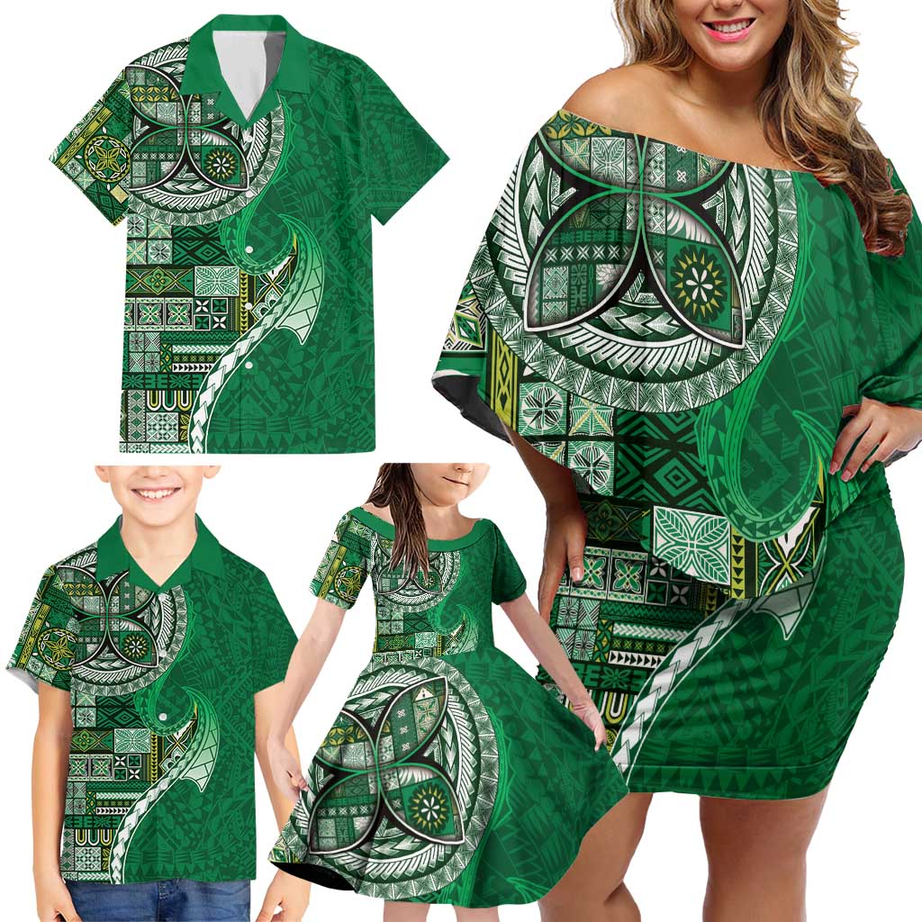 Samoan Siapo Art Tattoo Polynesian Pattern Family Matching Off Shoulder Short Dress and Hawaiian Shirt Green Color - Polynesian Pride
