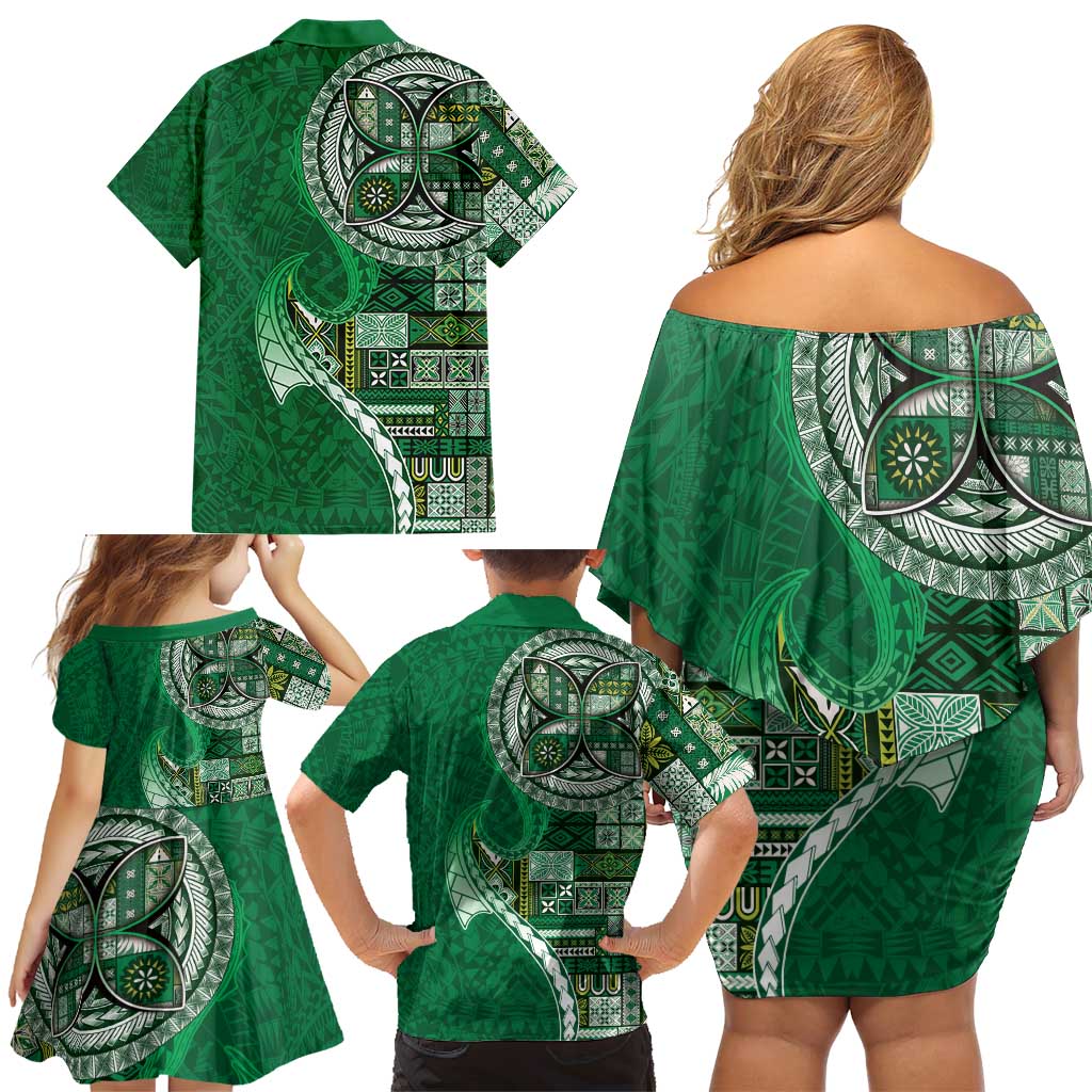 Samoan Siapo Art Tattoo Polynesian Pattern Family Matching Off Shoulder Short Dress and Hawaiian Shirt Green Color - Polynesian Pride