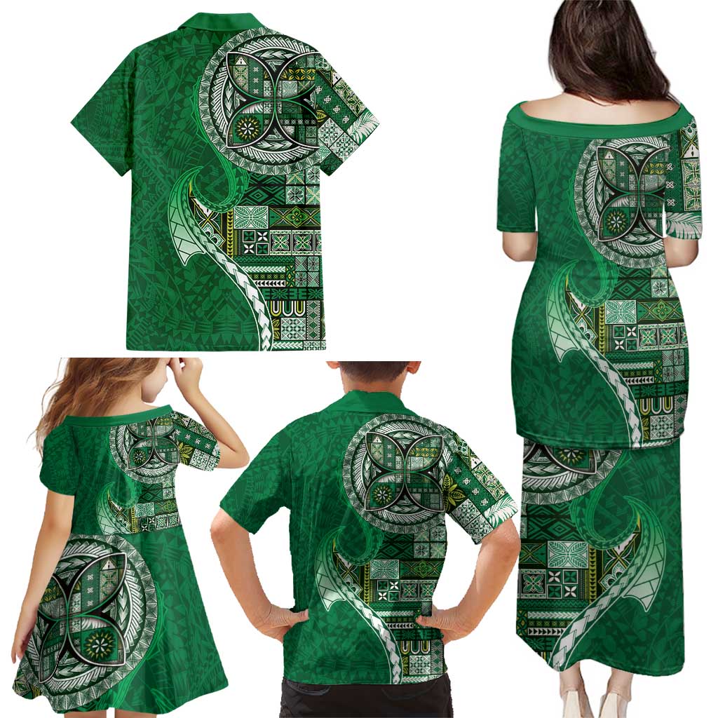 Samoan Siapo Art Tattoo Polynesian Pattern Family Matching Puletasi and Hawaiian Shirt Green Color - Polynesian Pride