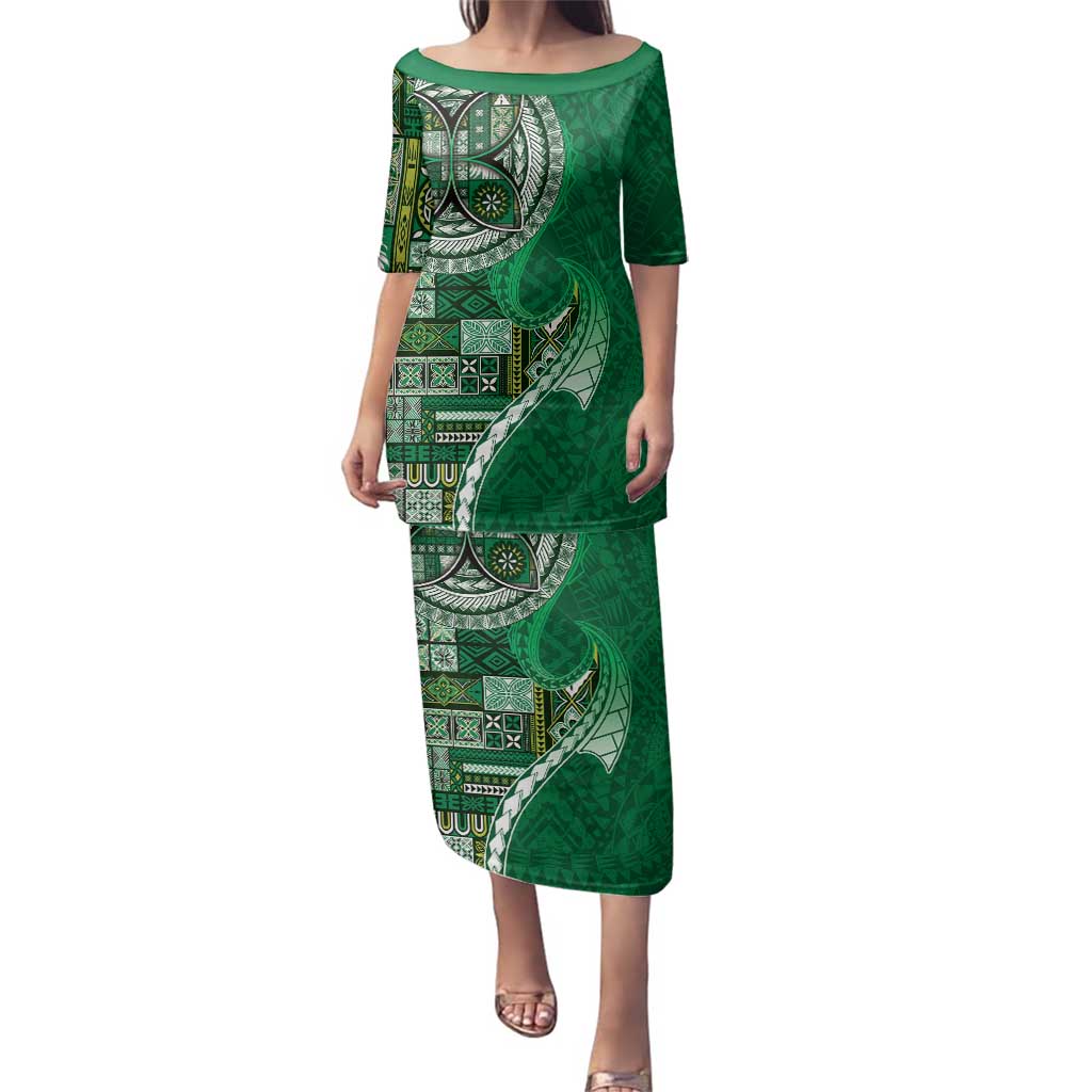Samoan Siapo Art Tattoo Polynesian Pattern Family Matching Puletasi and Hawaiian Shirt Green Color - Polynesian Pride