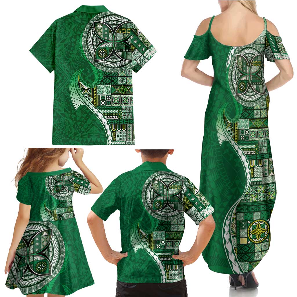 Samoan Siapo Art Tattoo Polynesian Pattern Family Matching Summer Maxi Dress and Hawaiian Shirt Green Color - Polynesian Pride