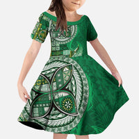 Samoan Siapo Art Tattoo Polynesian Pattern Kid Short Sleeve Dress Green Color - Polynesian Pride