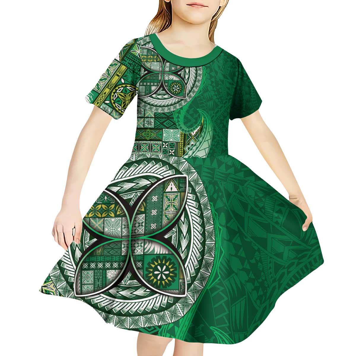 Samoan Siapo Art Tattoo Polynesian Pattern Kid Short Sleeve Dress Green Color - Polynesian Pride