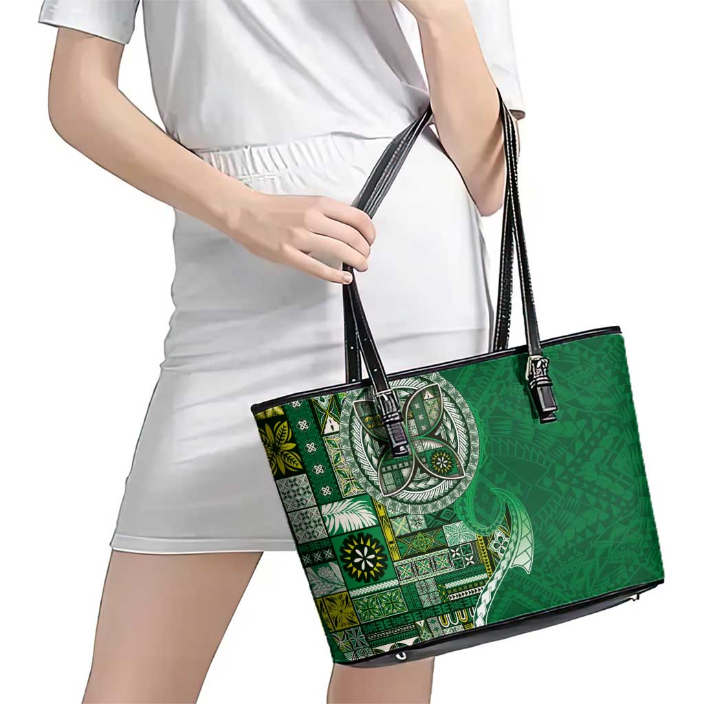 Samoan Siapo Art Tattoo Polynesian Pattern Leather Tote Bag Green Color - Polynesian Pride