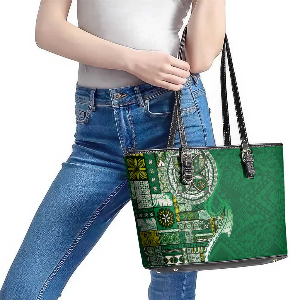 Samoan Siapo Art Tattoo Polynesian Pattern Leather Tote Bag Green Color - Polynesian Pride