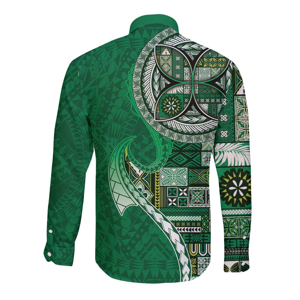 Samoan Siapo Art Tattoo Polynesian Pattern Long Sleeve Button Shirt Green Color - Polynesian Pride
