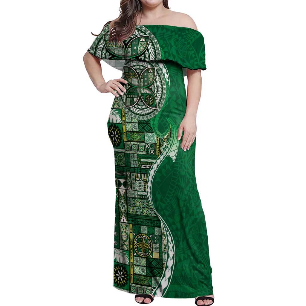 Samoan Siapo Art Tattoo Polynesian Pattern Off Shoulder Maxi Dress Green Color - Polynesian Pride