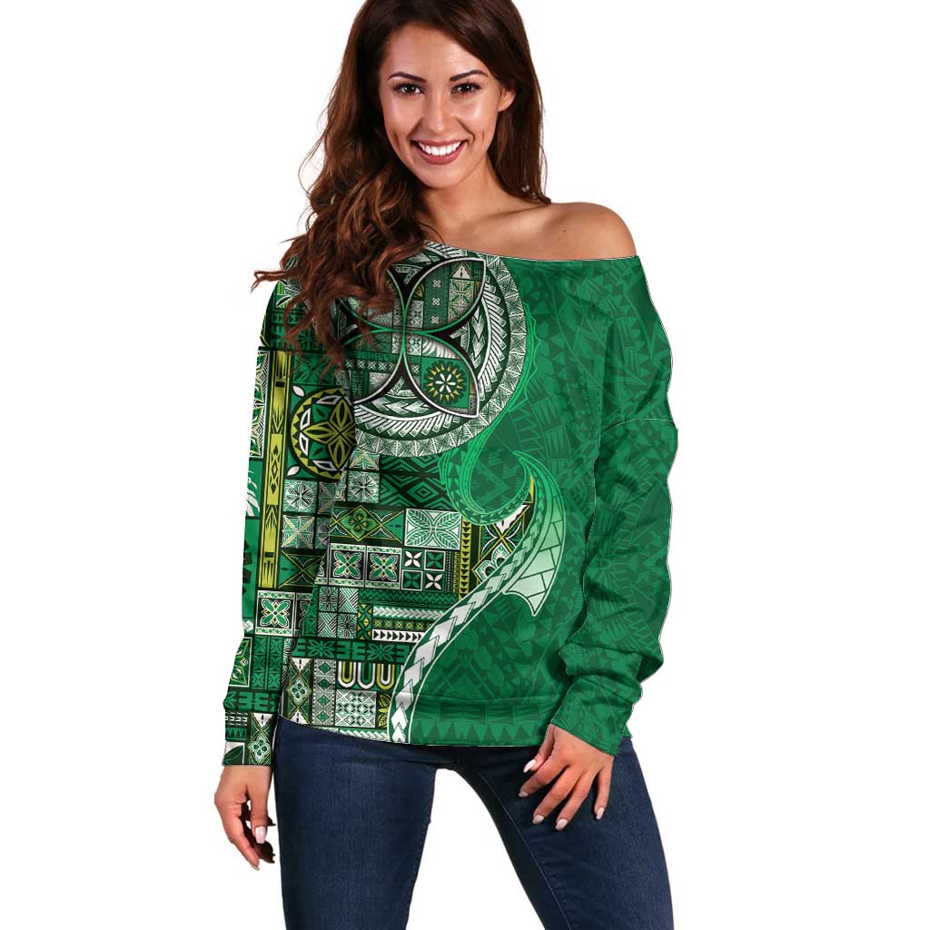 Samoan Siapo Art Tattoo Polynesian Pattern Off Shoulder Sweater Green Color - Polynesian Pride